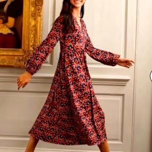 Boden Willow Midi Jersey Dress Cherry Red, Abstract Sprig Size US 6 R NWT